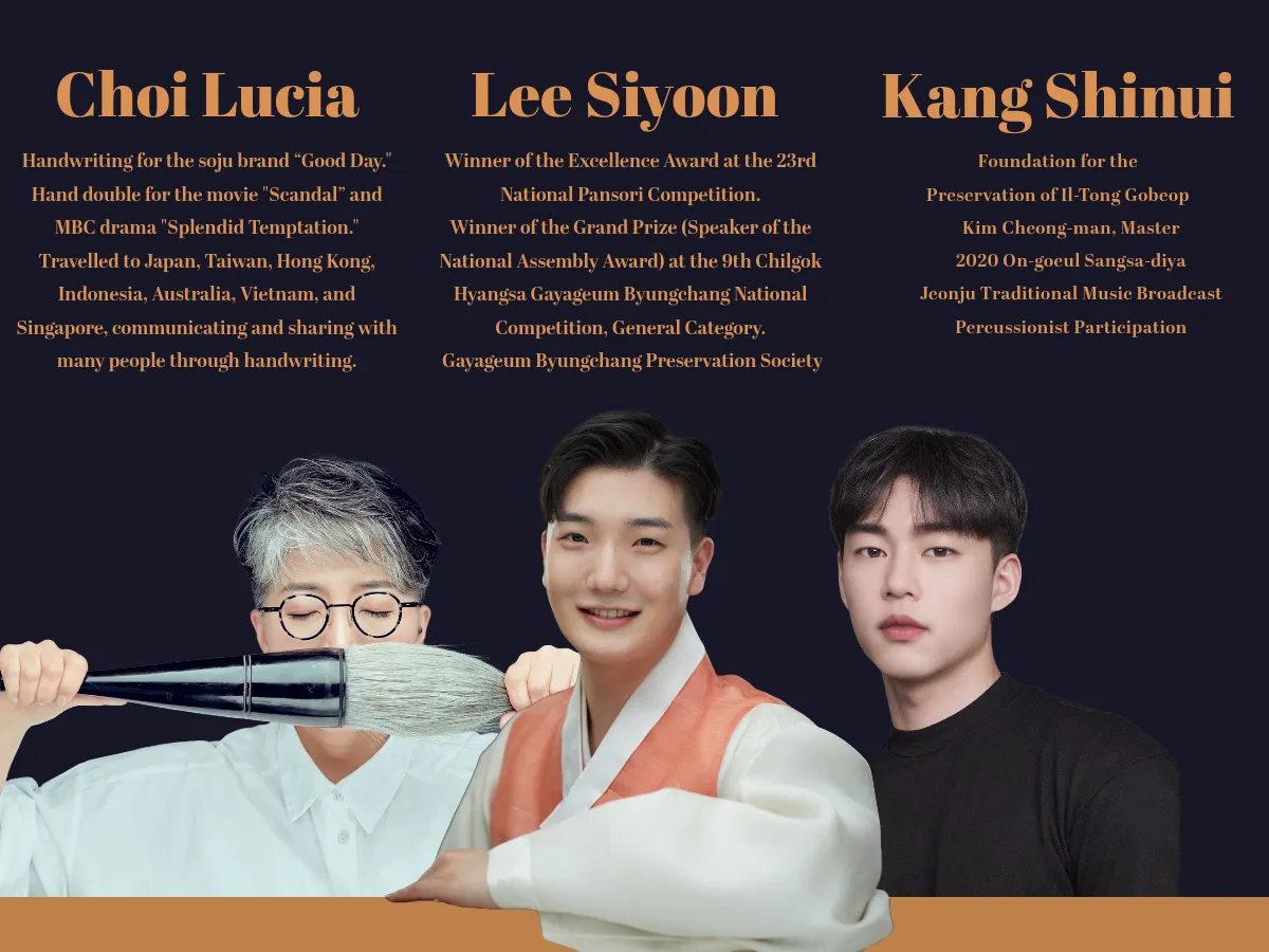 A trio consisting of a Calligraphy Artist, Lucia Choi, a Gayagum Musician, Siyoon Lee, and a percussionist, Shinui Kang, will perform together, embodying both Korean and New Zealand culture.